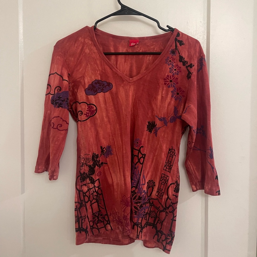 Vintage Japanese Print Temple Indie‎ Culture Rust Red Floral-Print V-Neck Blouse